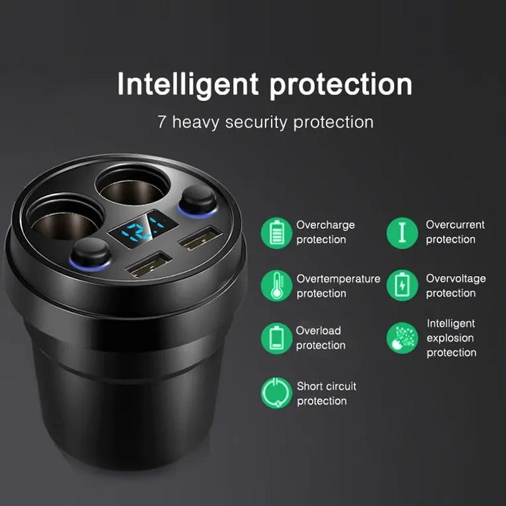 80W Fast Charge Car Cup Charger with Dual USB Ports and Dual Socket Splitter