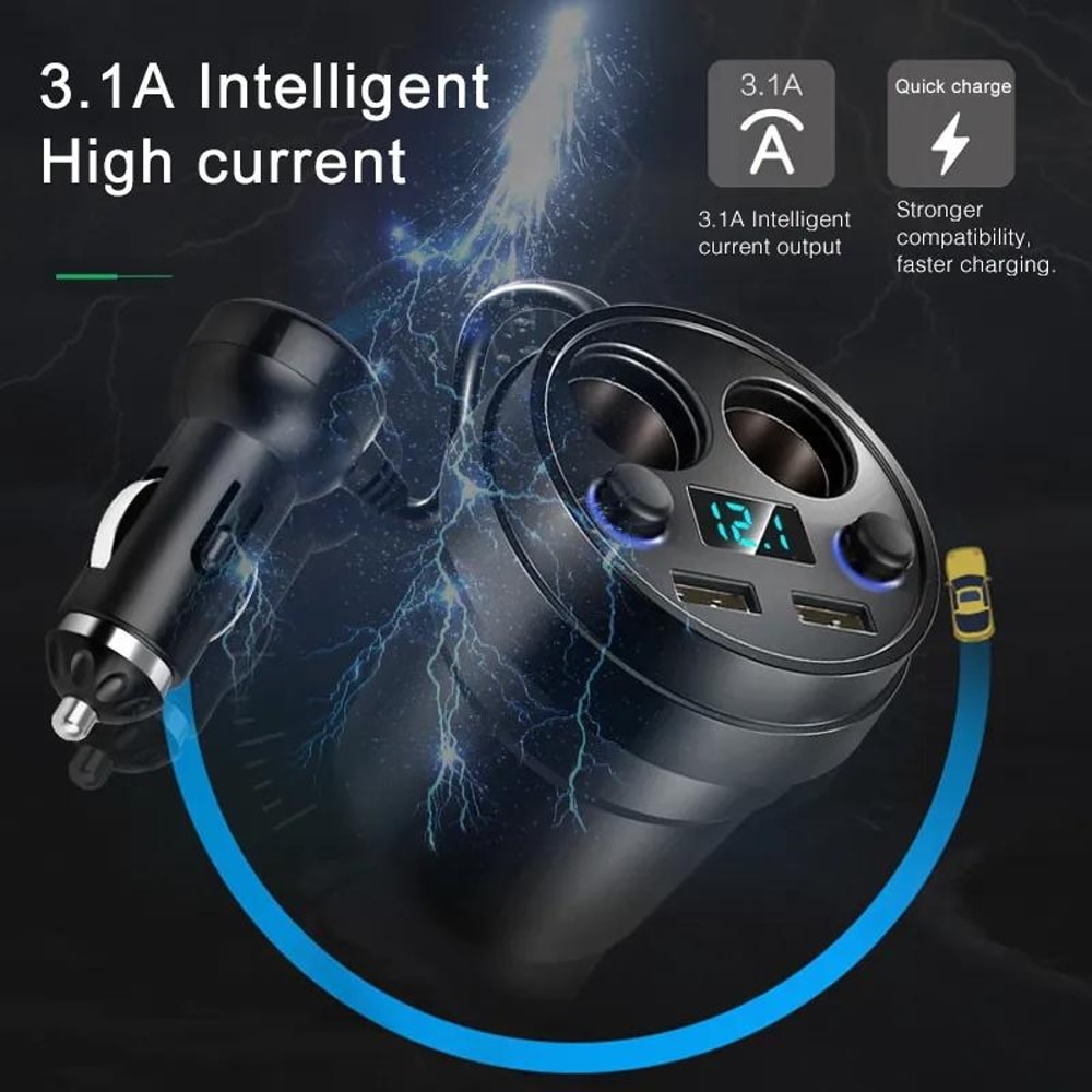 80W Fast Charge Car Cup Charger with Dual USB Ports and Dual Socket Splitter