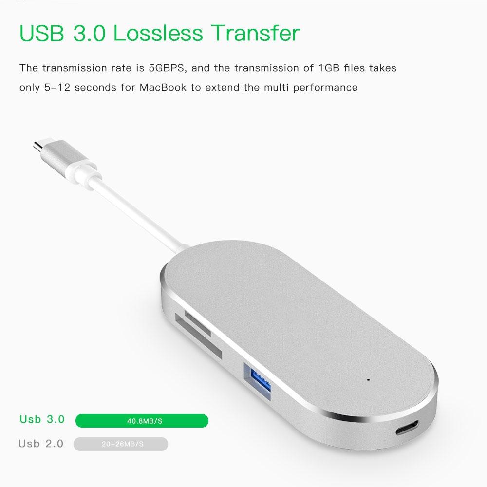 6 in 1 USB-C Hub Type-C Adapter 4K HDMI SD TF Card Reader Multiport Dock for MacBook