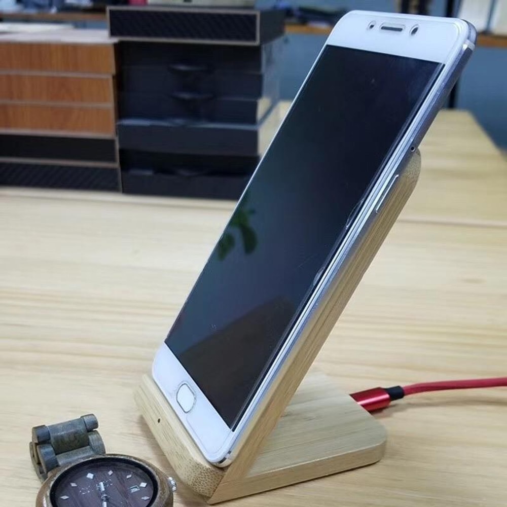 Bamboo Vertical Wireless Charging Stand Fast Qi Charger Dock for Desk and Bedside