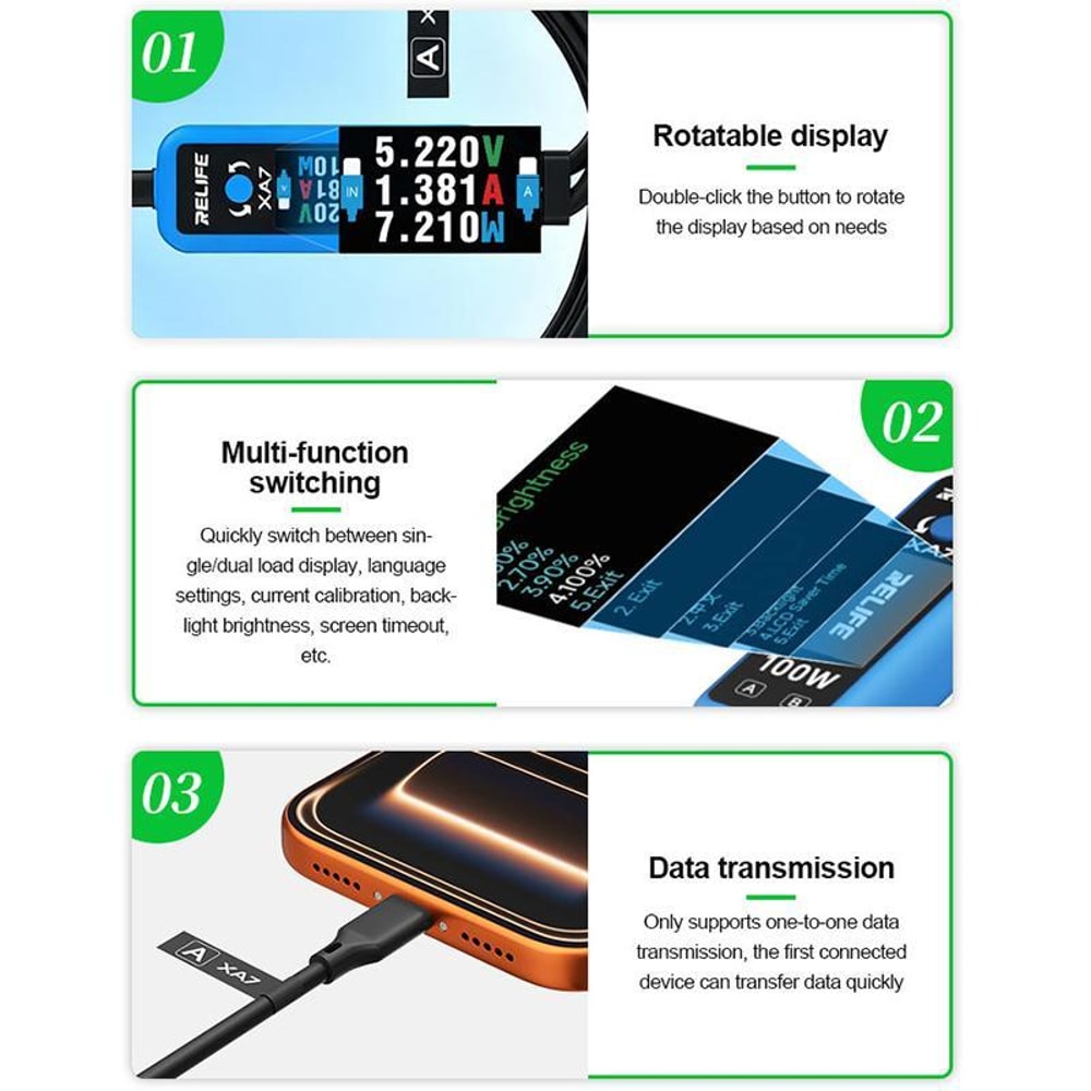 XA7 100W Fast Charging Cable 1 to 2 with Digital Display for iPhone Android Type C