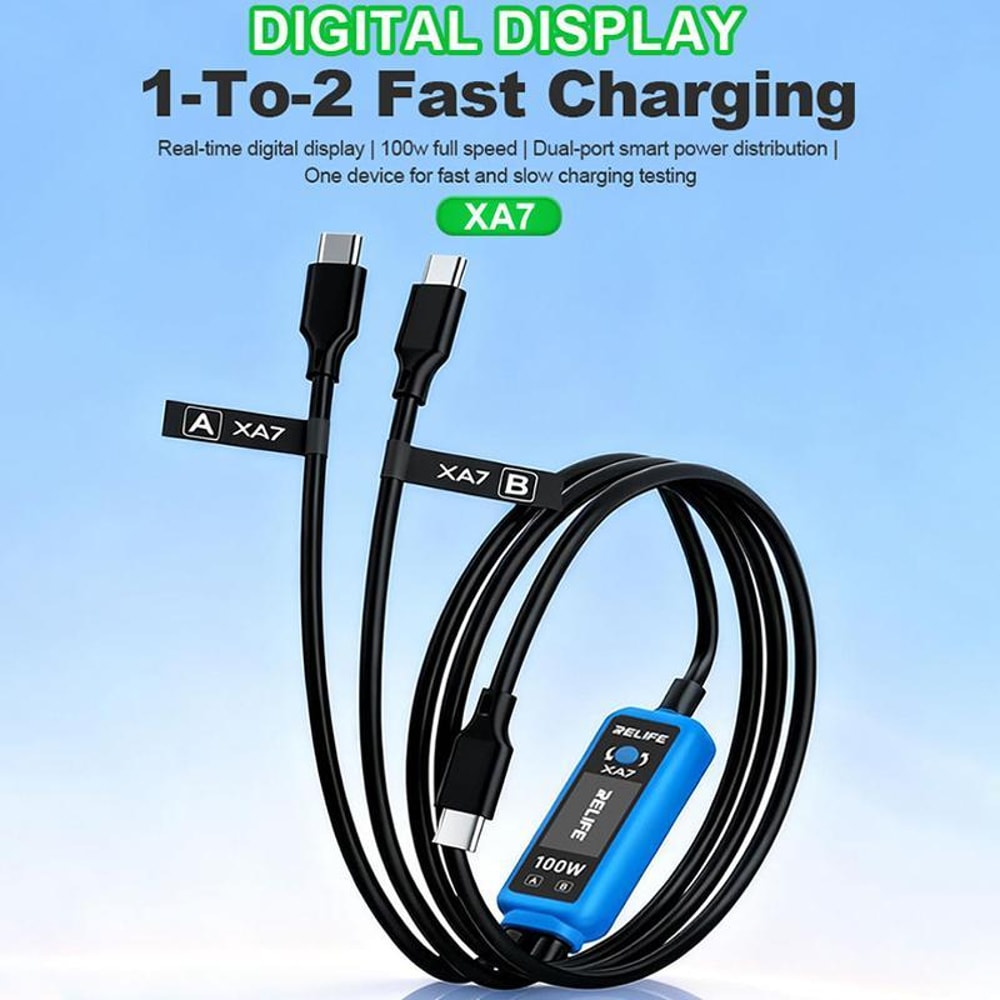 XA7 100W Fast Charging Cable 1 to 2 with Digital Display for iPhone Android Type C