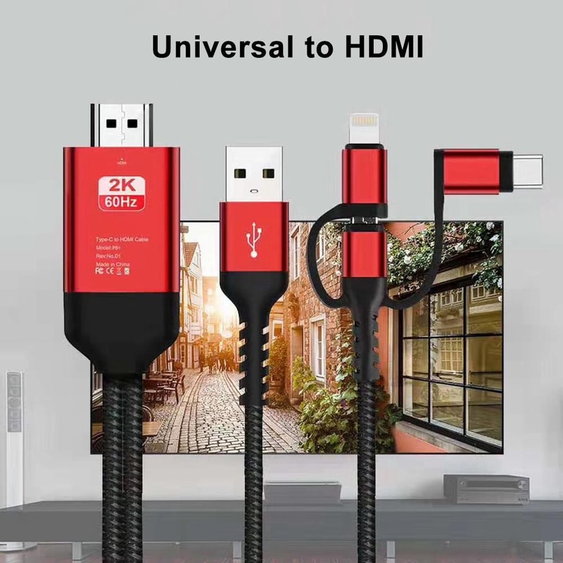 3 in 1 USB-C iPhone Micro USB to HDMI TV Cable 1080P Screen Mirroring Adapter 2M