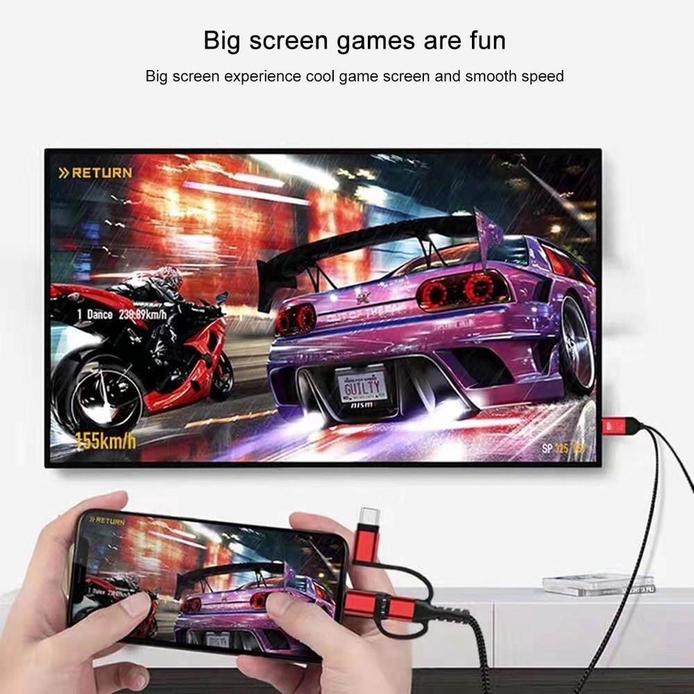 3 in 1 USB-C iPhone Micro USB to HDMI TV Cable 1080P Screen Mirroring Adapter 2M