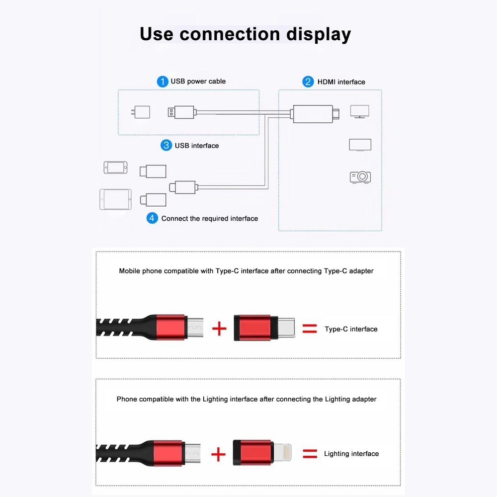 3 in 1 USB-C iPhone Micro USB to HDMI TV Cable 1080P Screen Mirroring Adapter 2M