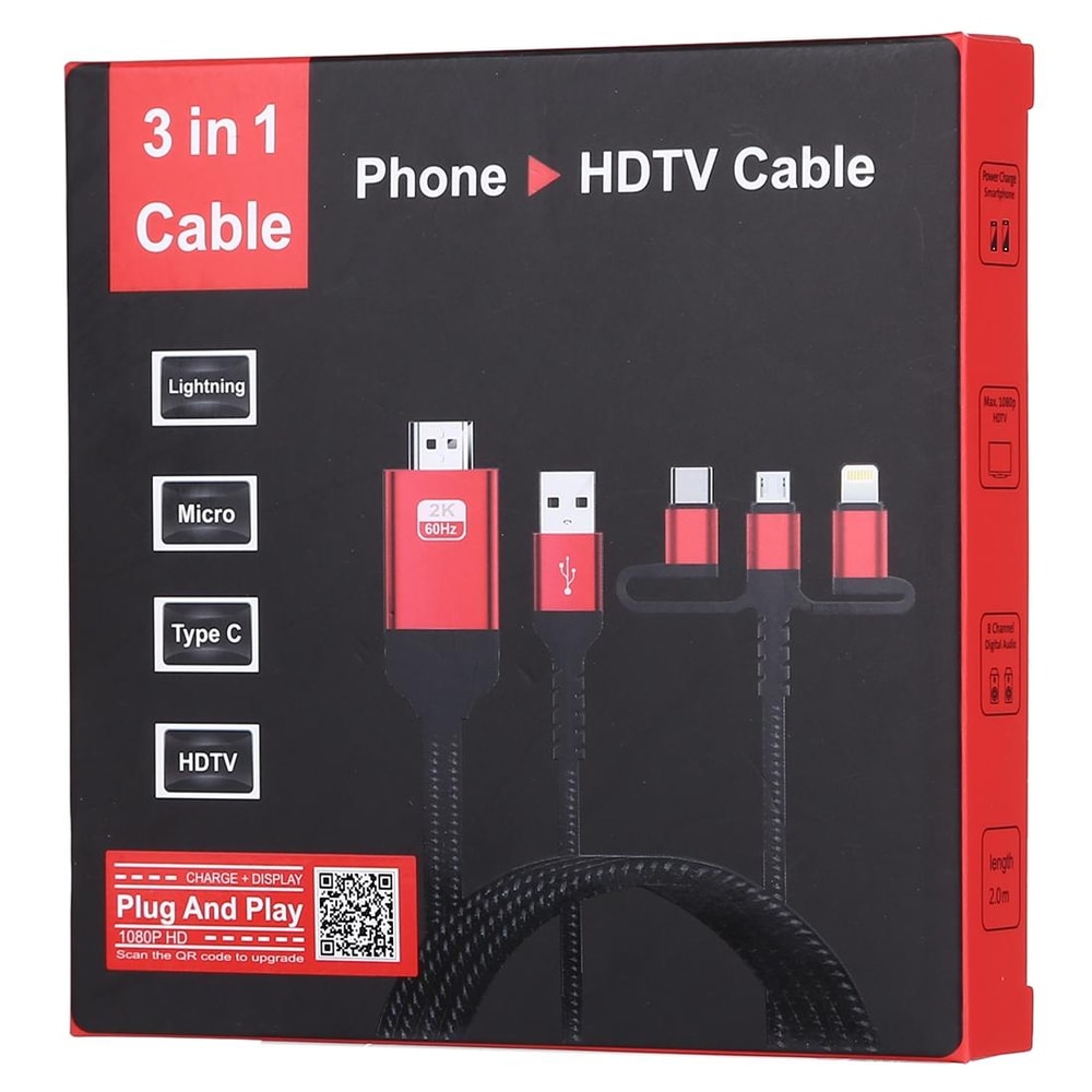 3 in 1 USB-C iPhone Micro USB to HDMI TV Cable 1080P Screen Mirroring Adapter 2M