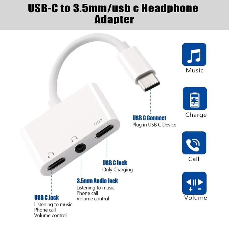 3 in 1 USB-C Audio Adapter with PD Charging and 3.5mm Jack Converter White