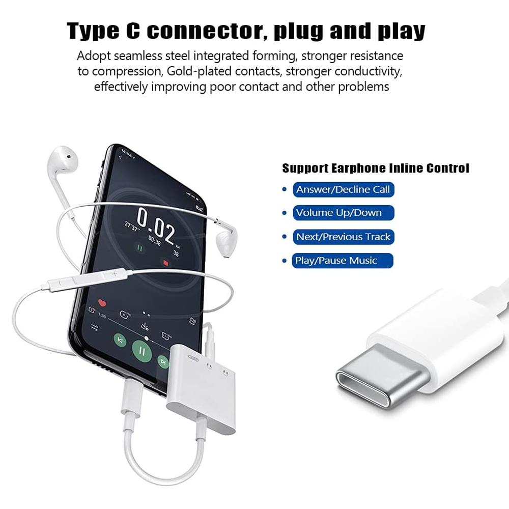 3 in 1 USB-C Audio Adapter with PD Charging and 3.5mm Jack Converter White