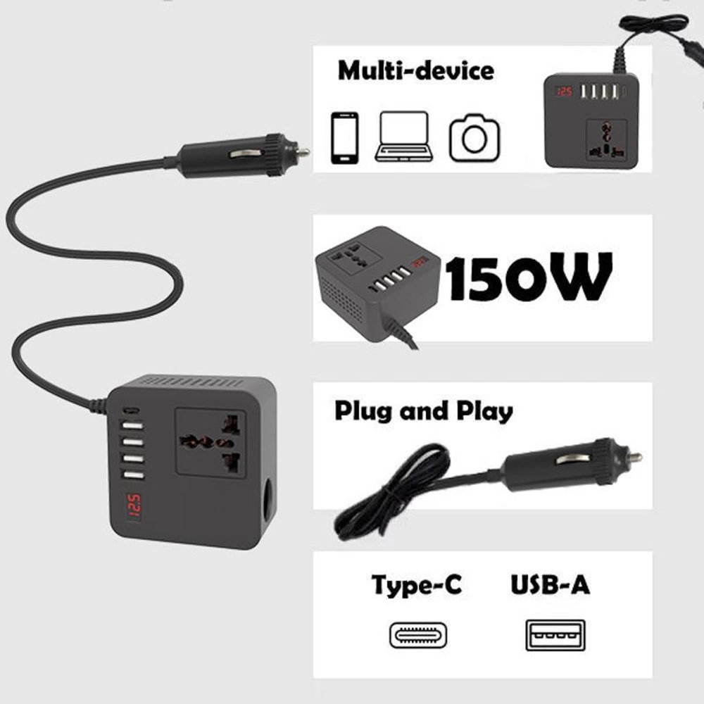 300W Car Power Inverter 12V to 110V USB-C Car Charger Multi-Function Adapter