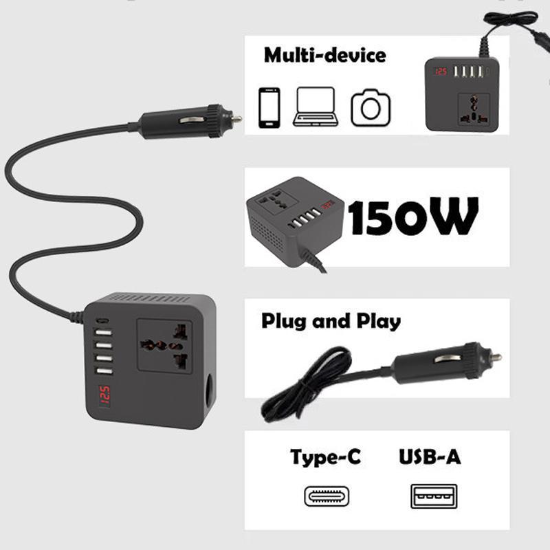300W Car Power Inverter 12V to 110V USB-C Car Charger Multi-Function Adapter