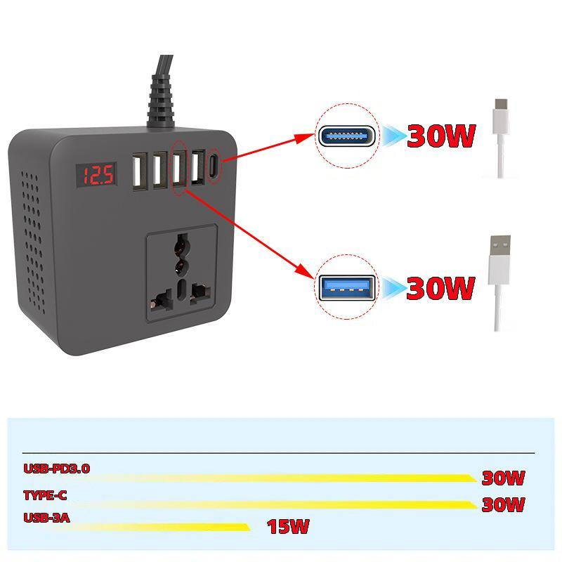 300W Car Power Inverter 12V to 110V USB-C Car Charger Multi-Function Adapter
