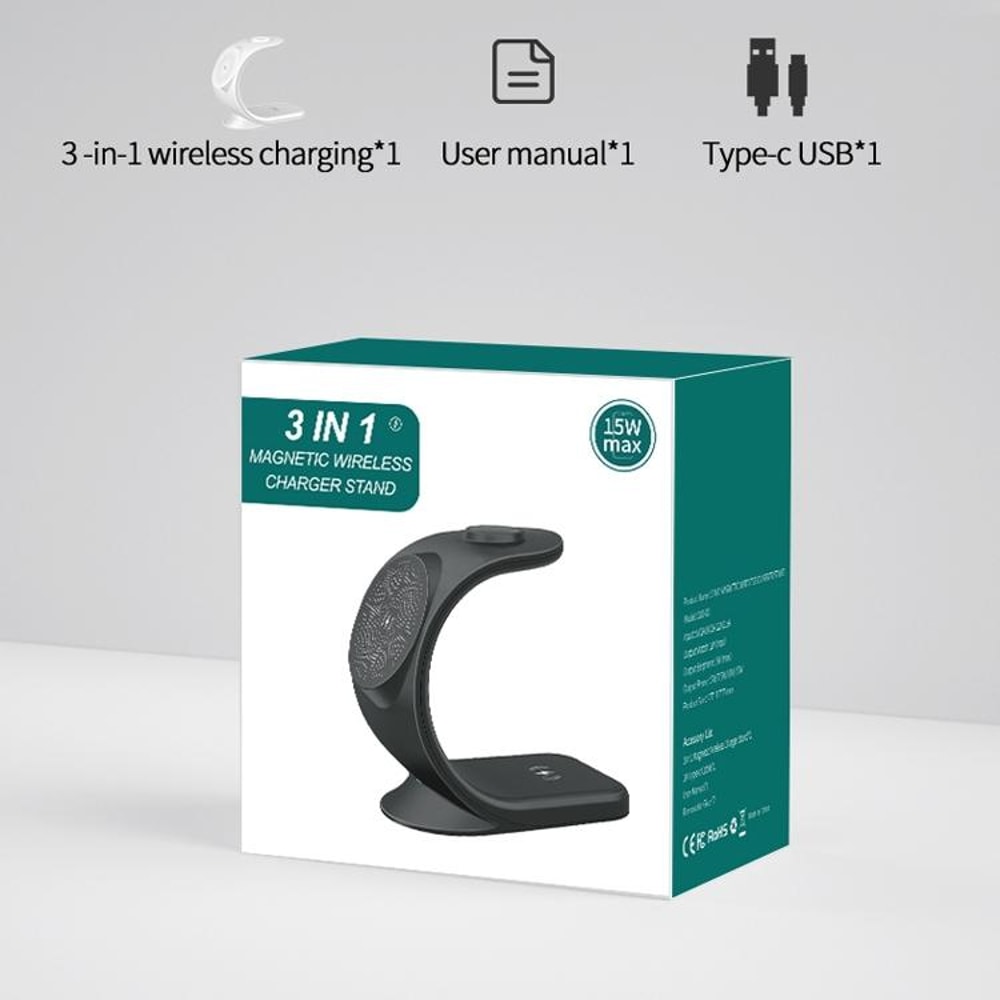 OJD-83 3-in-1 Magnetic Wireless Charging Station Stand for iPhone, Apple Watch & AirPods Fast Charging Dock