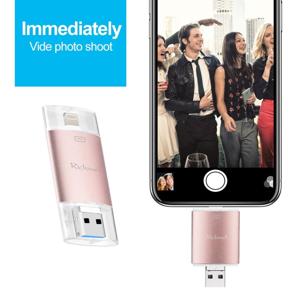 Richwell 3-in-1 OTG 128GB USB 3.0 Flash Drive Type-C Lightning USB Drive Metal Rose Gold