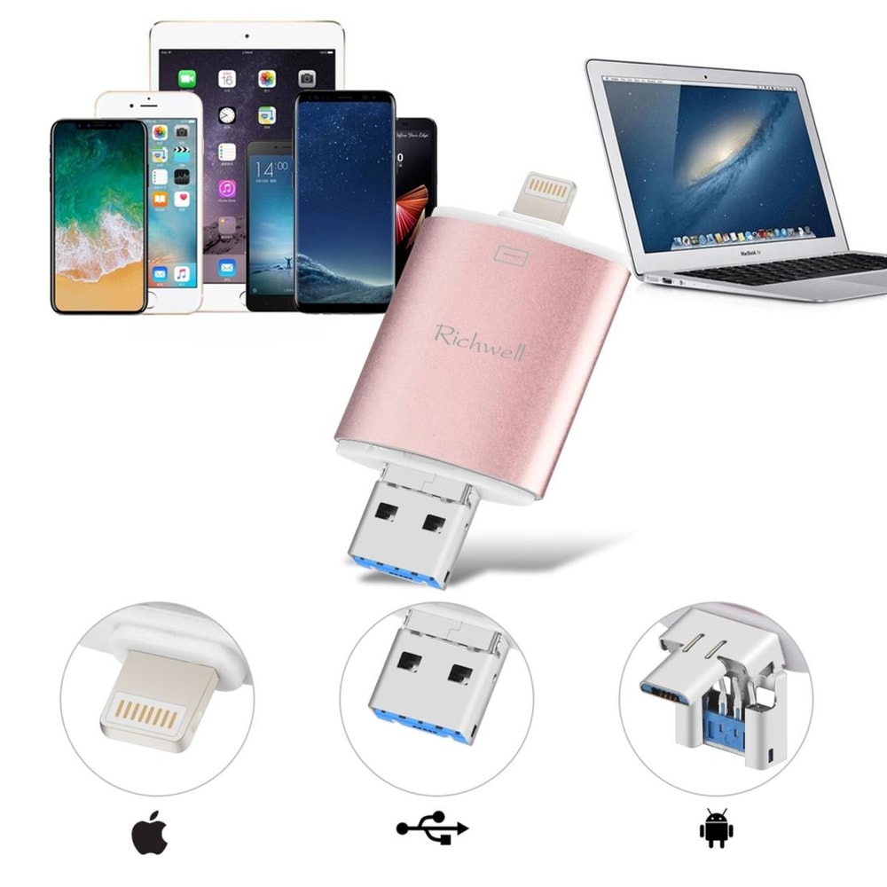 Richwell 3-in-1 OTG 128GB USB 3.0 Flash Drive Type-C Lightning USB Drive Metal Rose Gold