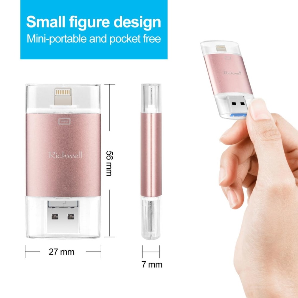 Richwell 3-in-1 OTG 128GB USB 3.0 Flash Drive Type-C Lightning USB Drive Metal Rose Gold