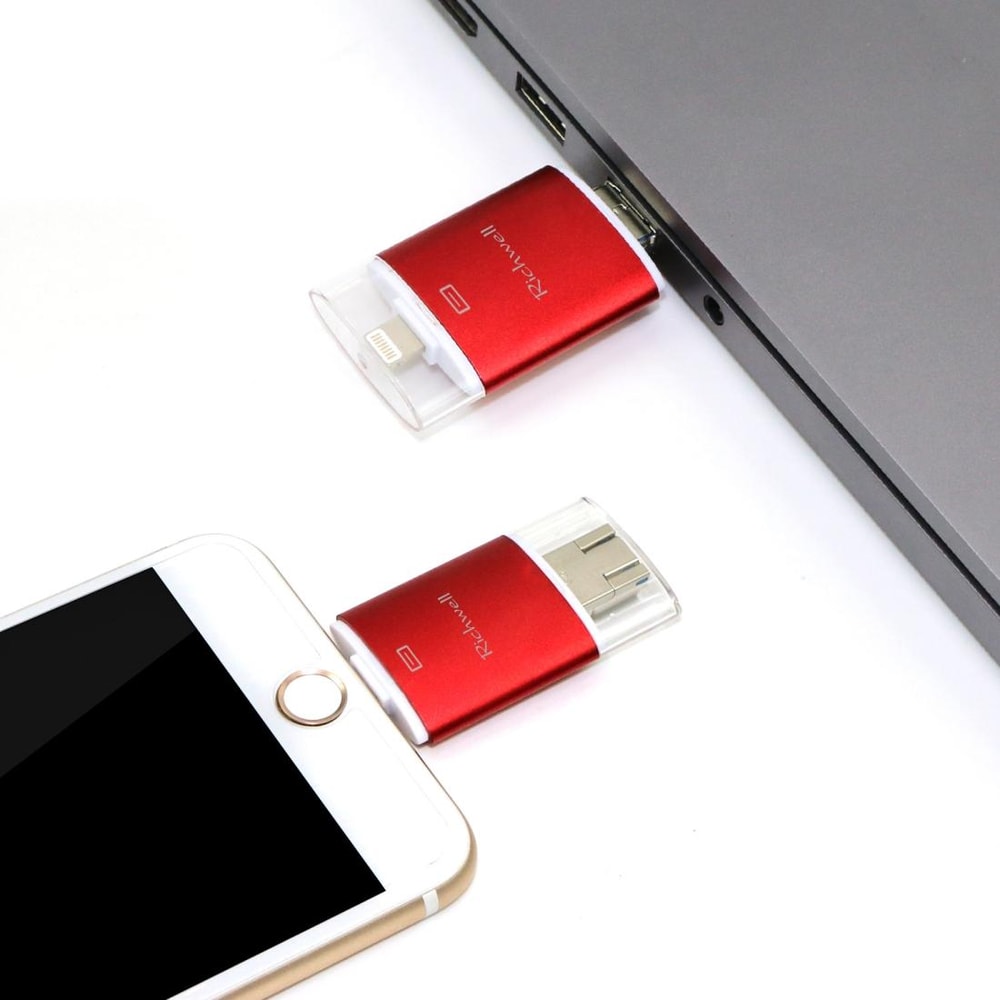 Richwell 3-in-1 OTG 128GB USB 3.0 Flash Drive Type-C Lightning USB Drive Metal Rose Gold