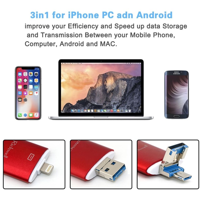 Richwell 3-in-1 OTG 128GB USB 3.0 Flash Drive Type-C Lightning USB Drive Metal Rose Gold