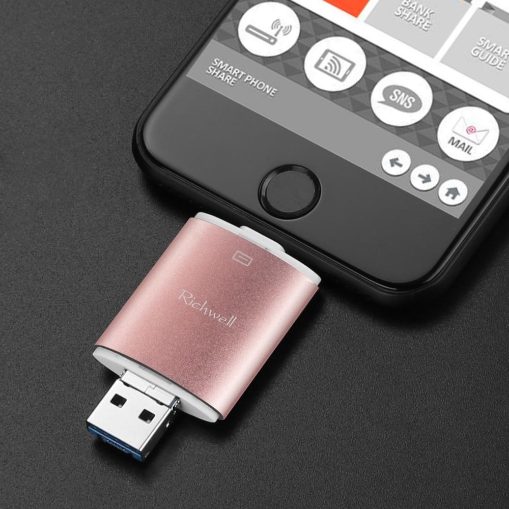 Richwell 3-in-1 OTG 128GB USB 3.0 Flash Drive Type-C Lightning USB Drive Metal Rose Gold