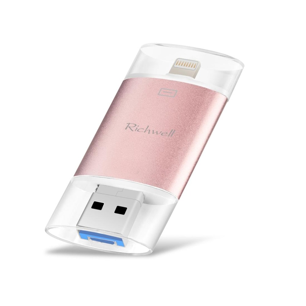 Richwell 3-in-1 OTG 128GB USB 3.0 Flash Drive Type-C Lightning USB Drive Metal Rose Gold