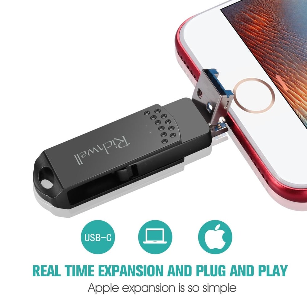Richwell 64GB OTG Flash Drive Type-C, Lightning 8 Pin & USB 3.0 Metal Memory Stick