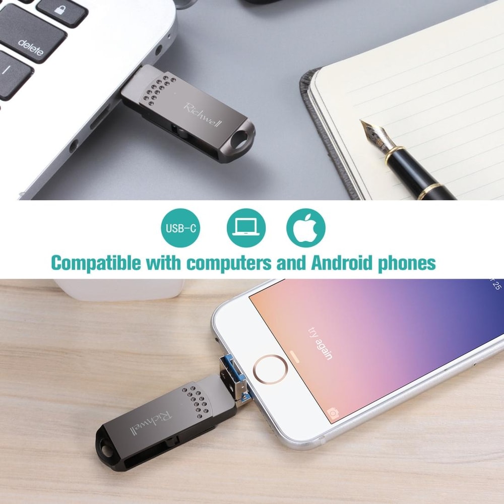Richwell 64GB OTG Flash Drive Type-C, Lightning 8 Pin & USB 3.0 Metal Memory Stick