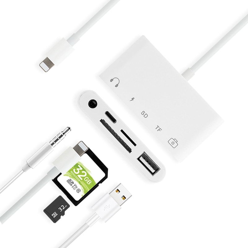 5 in 1 Lightning OTG Adapter for iPhone USB Hub SD Card Reader Audio Charging