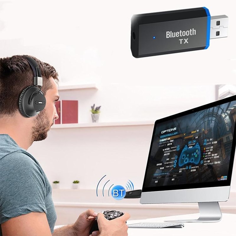 Wireless Bluetooth 5.0 Audio Transmitter for TV, PC & Headphones with USB and AUX Connectivity