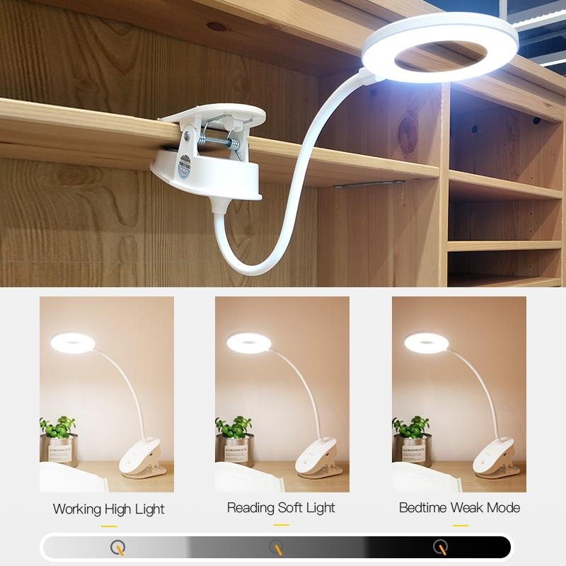 USB Rechargeable Clip Desk Lamp with 3-Level Dimming and Eye Protection LED Light