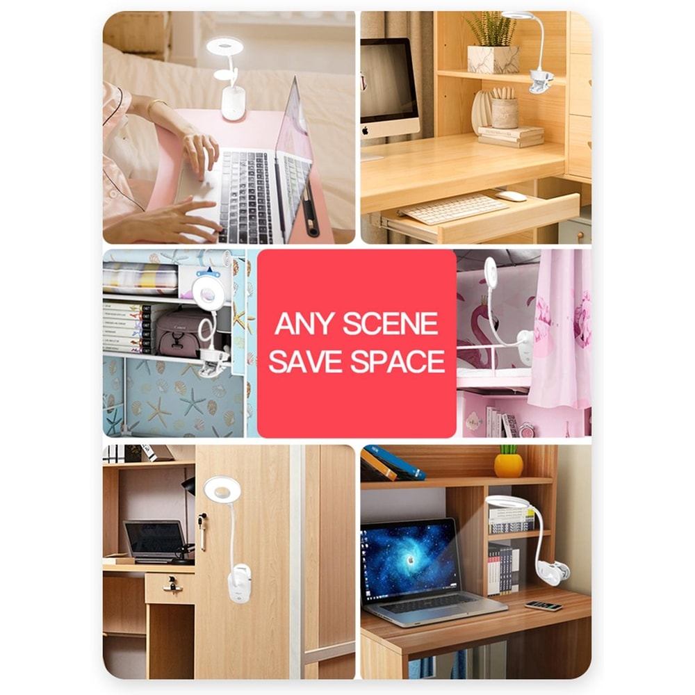 USB Rechargeable Clip Desk Lamp with 3-Level Dimming and Eye Protection LED Light