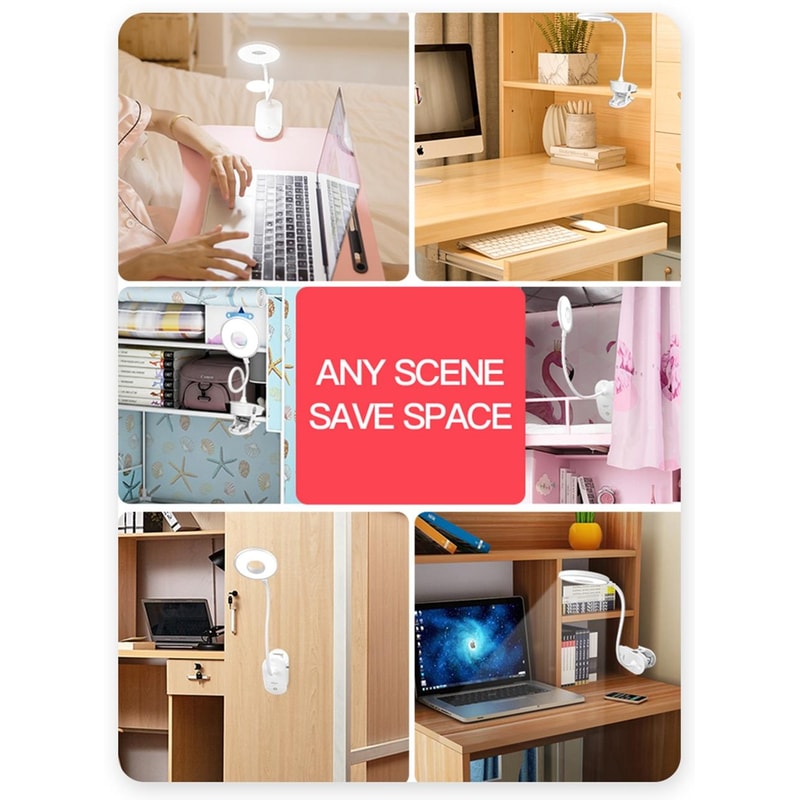 USB Rechargeable Clip Desk Lamp with 3-Level Dimming and Eye Protection LED Light