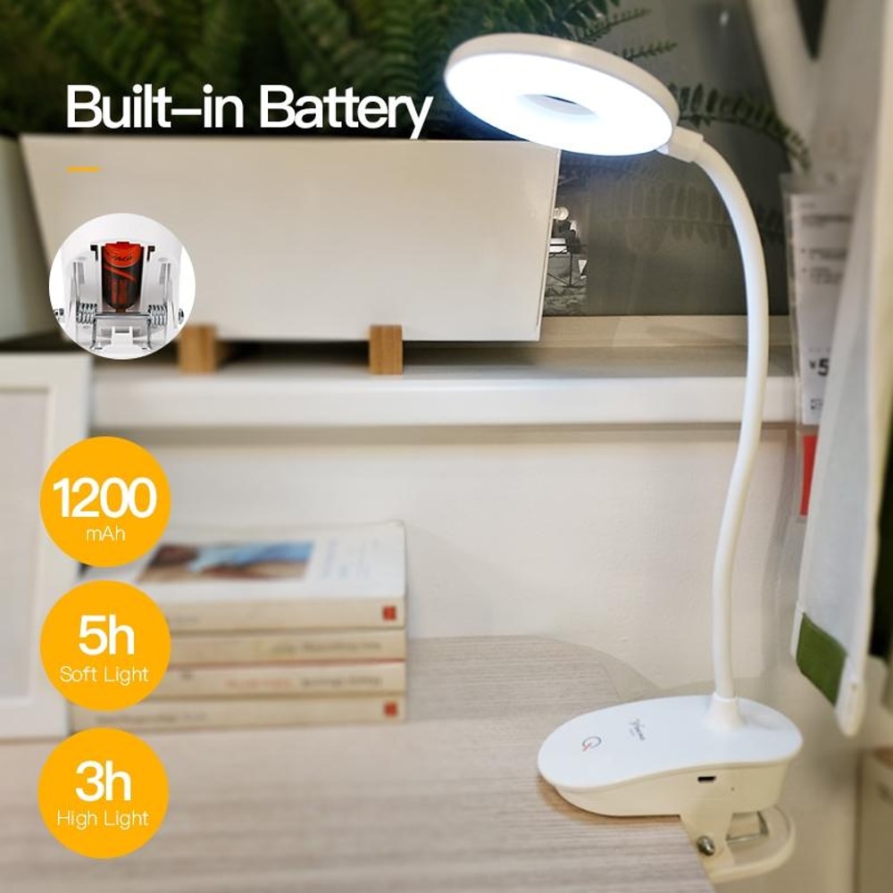 USB Rechargeable Clip Desk Lamp with 3-Level Dimming and Eye Protection LED Light
