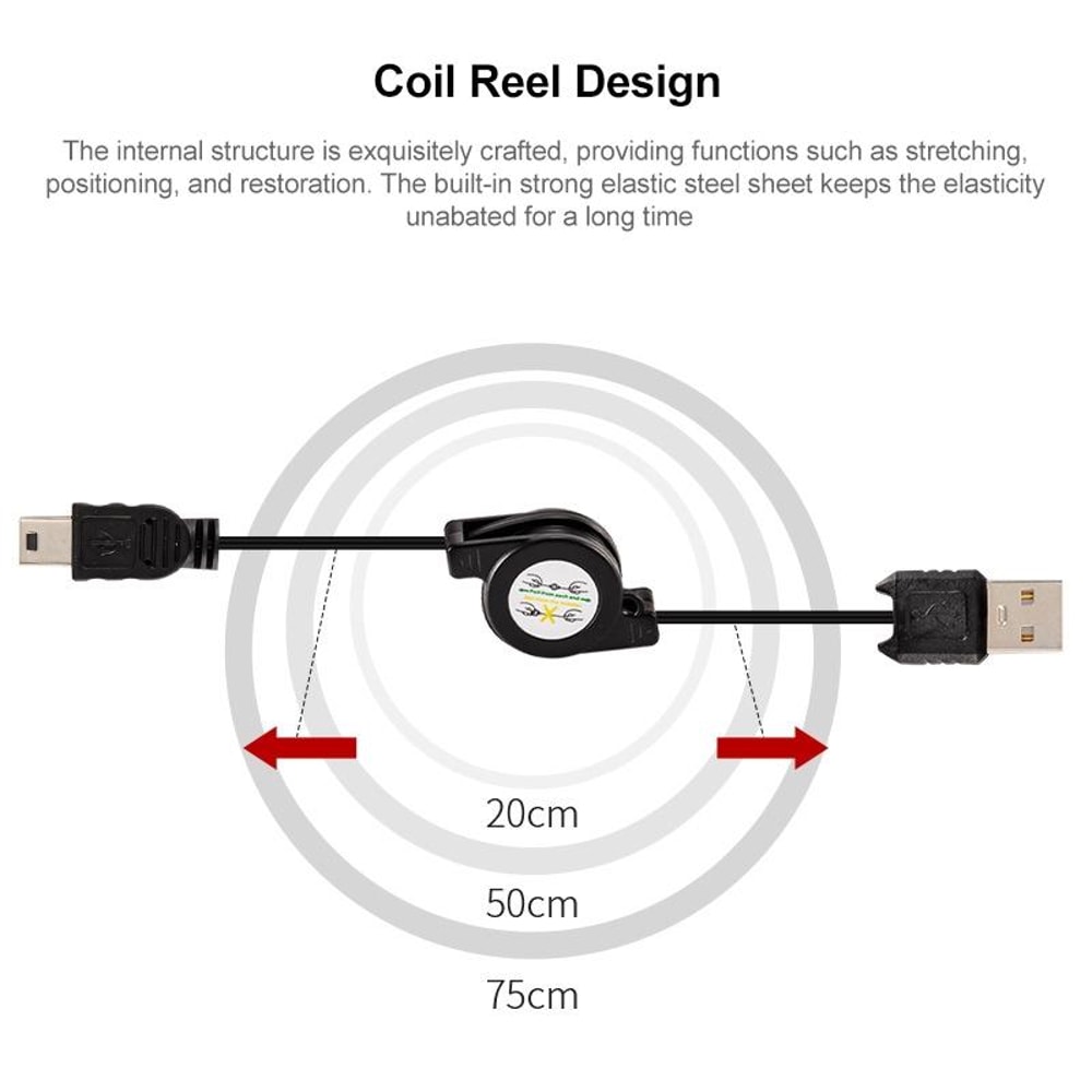 Retractable Mini USB 2.0 Charging & Data Sync Cable for Motorola V3, MP3 Players, GPS and Cameras