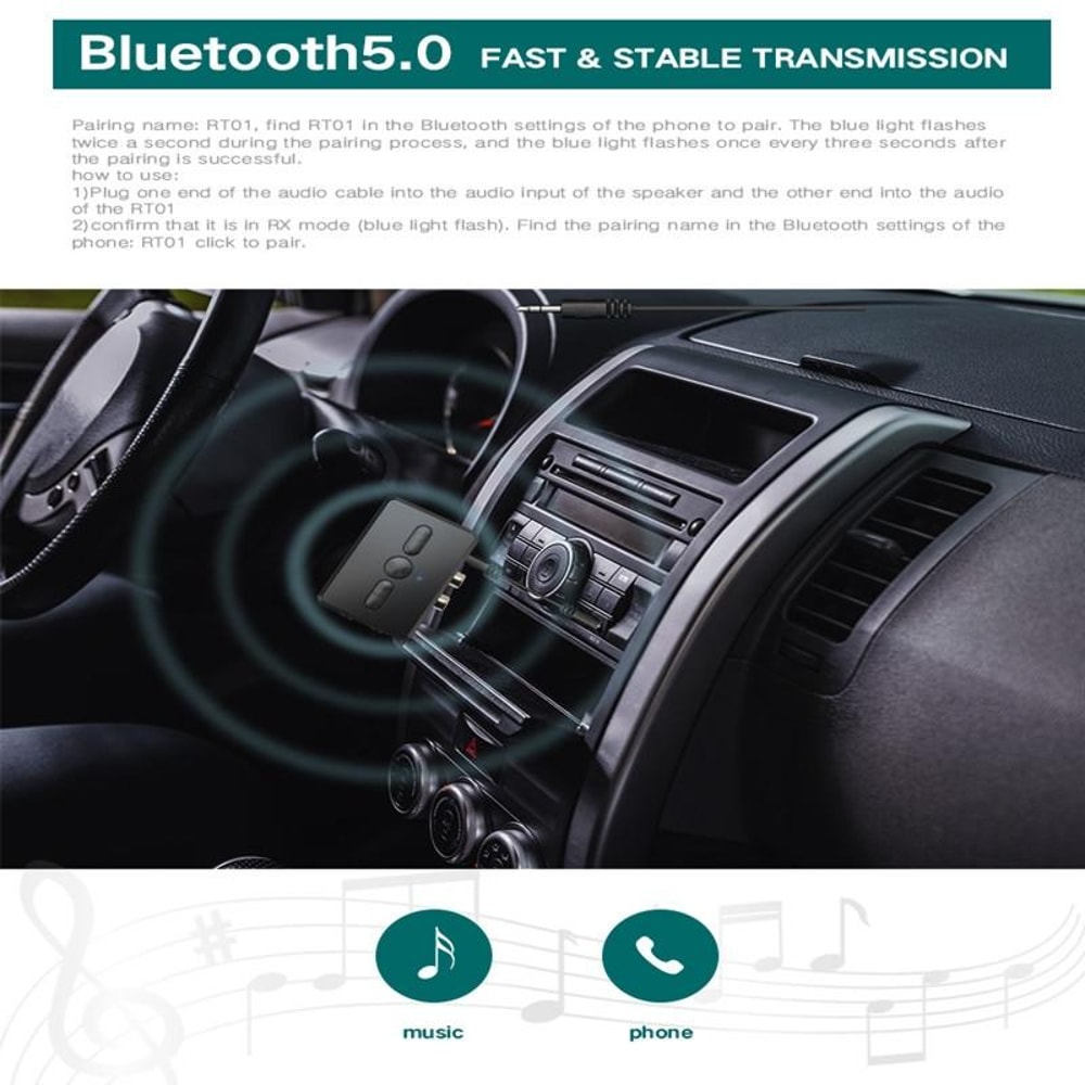 RT01 Bluetooth 5.0 Audio Adapter 2-in-1 Receiver & Transmitter for Car and Home Hands-Free Streaming