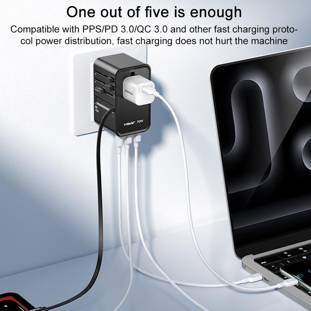 70W GaN Universal Travel Adapter With USBC Cable Global Power Converter 9
