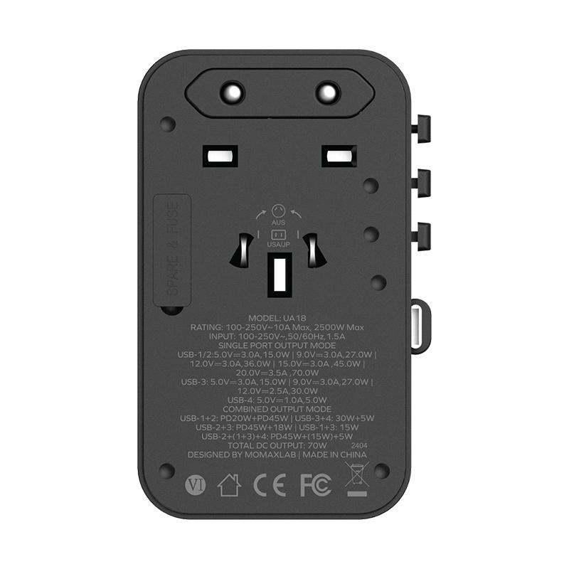 70W GaN Universal Travel Adapter With USBC Cable Global Power Converter 3