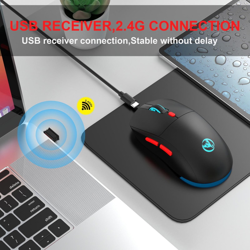 HXSJ T20 Rechargeable Wireless Mouse 3600 DPI Ergonomic Gaming Mouse with RGB Lighting