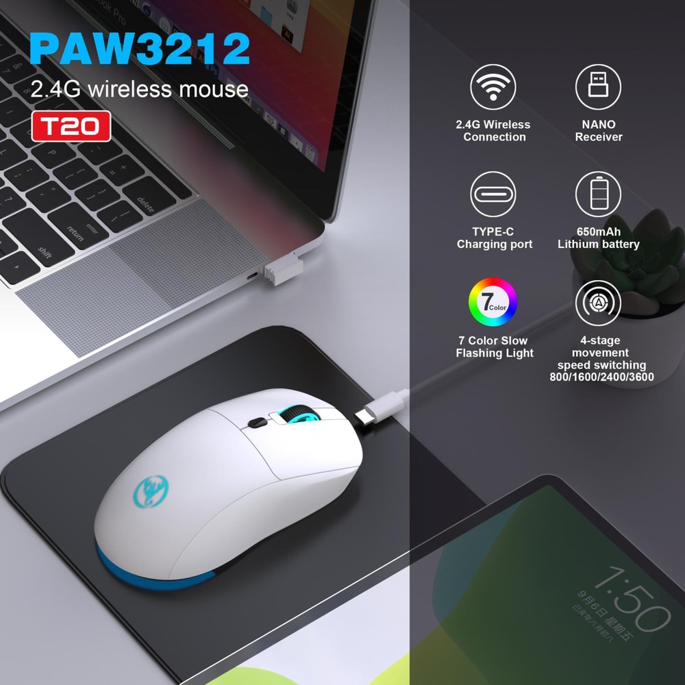 HXSJ T20 Rechargeable Wireless Mouse 3600 DPI Ergonomic Gaming Mouse with RGB Lighting