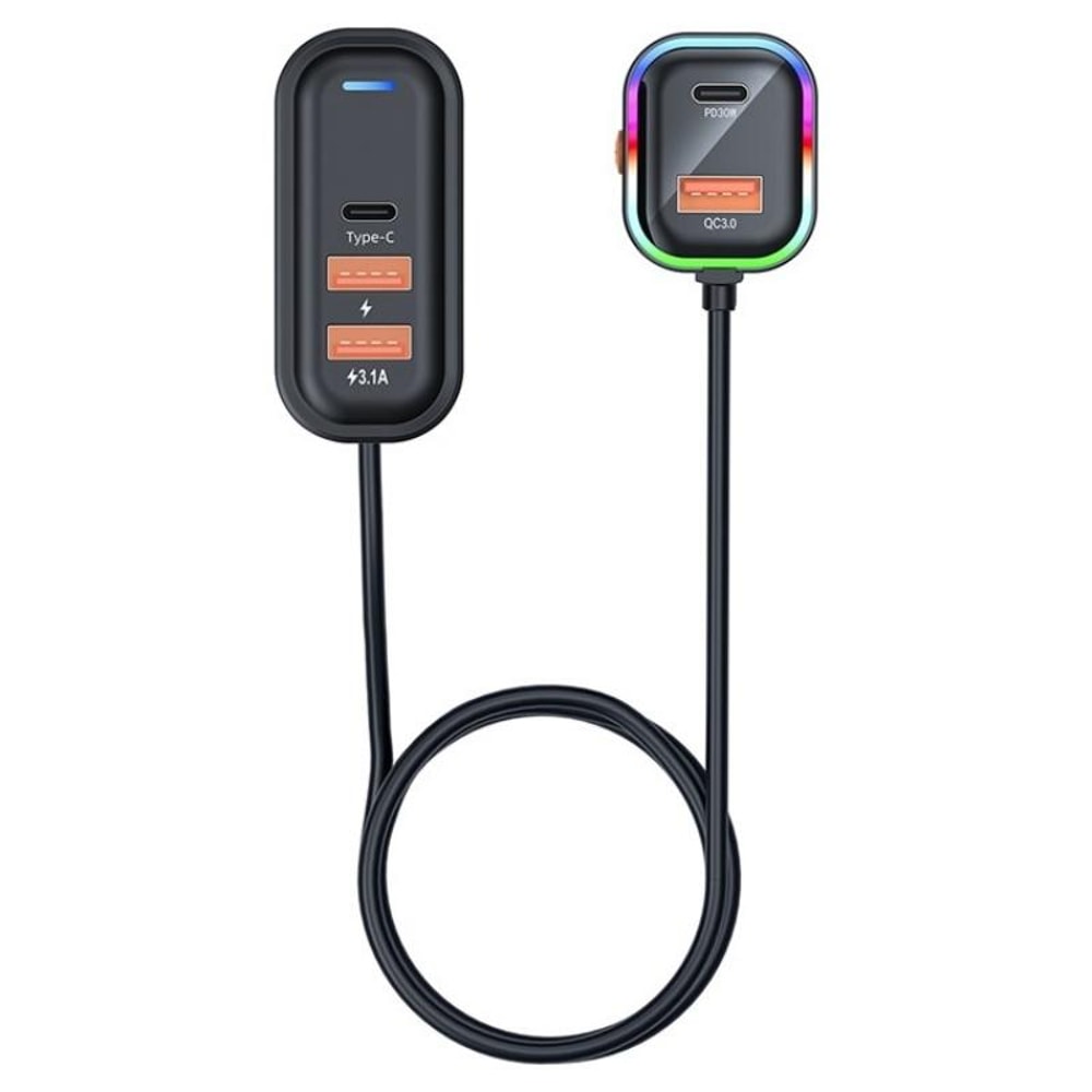 66W Fast Car Charger 5-Port USB C Charging Hub with Extension Cable for Multi-Device Travel