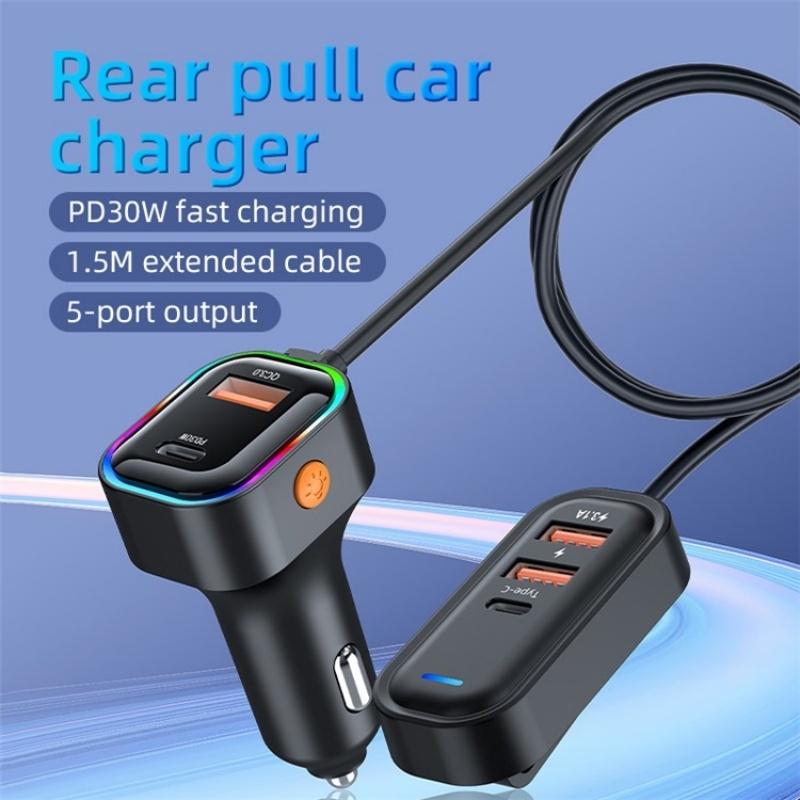 66W Fast Car Charger 5-Port USB C Charging Hub with Extension Cable for Multi-Device Travel