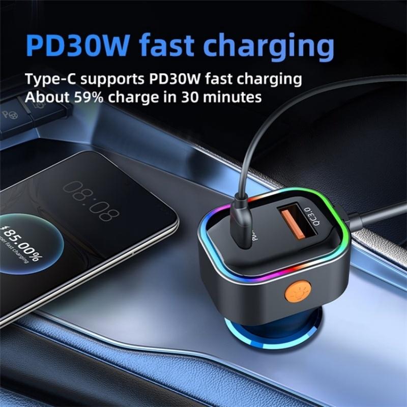 66W Fast Car Charger 5-Port USB C Charging Hub with Extension Cable for Multi-Device Travel