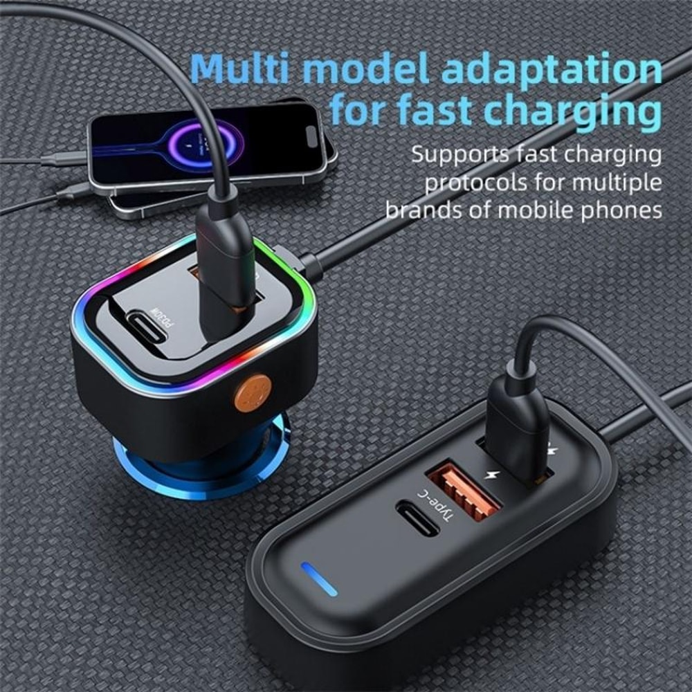 66W Fast Car Charger 5-Port USB C Charging Hub with Extension Cable for Multi-Device Travel
