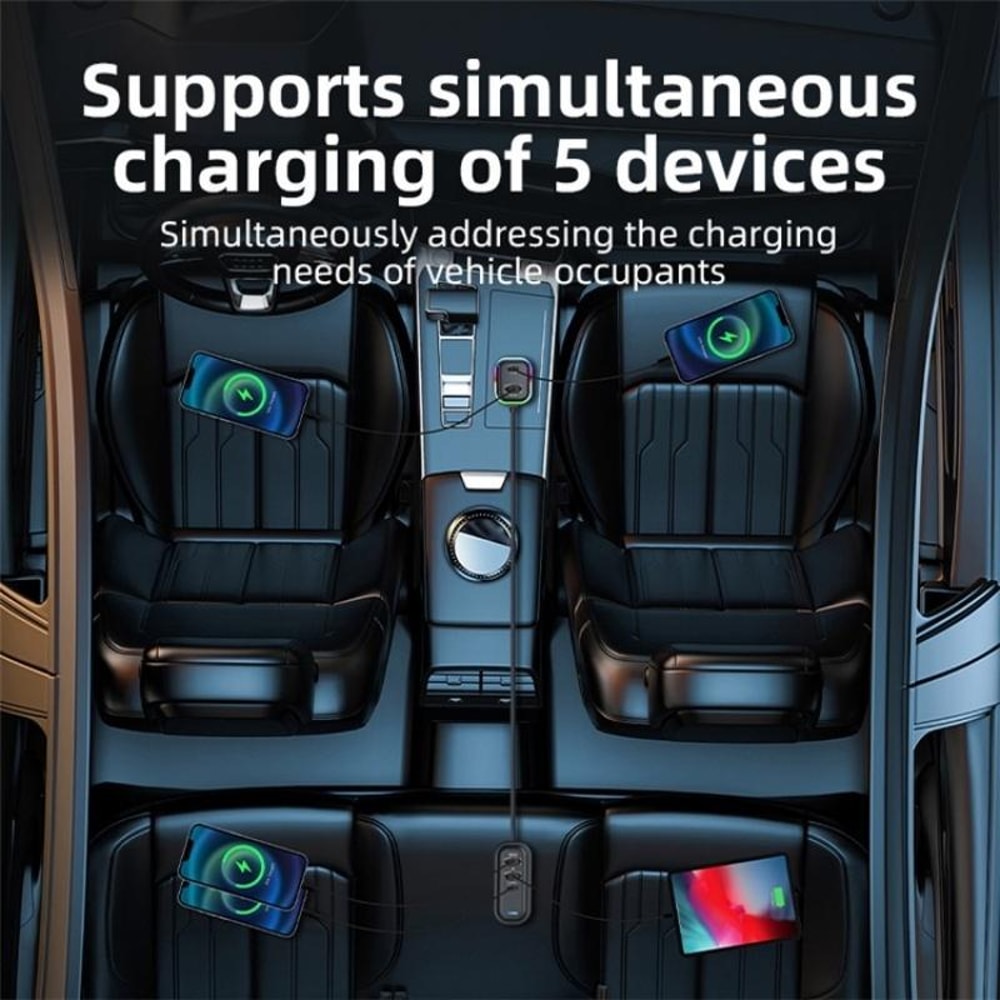66W Fast Car Charger 5-Port USB C Charging Hub with Extension Cable for Multi-Device Travel