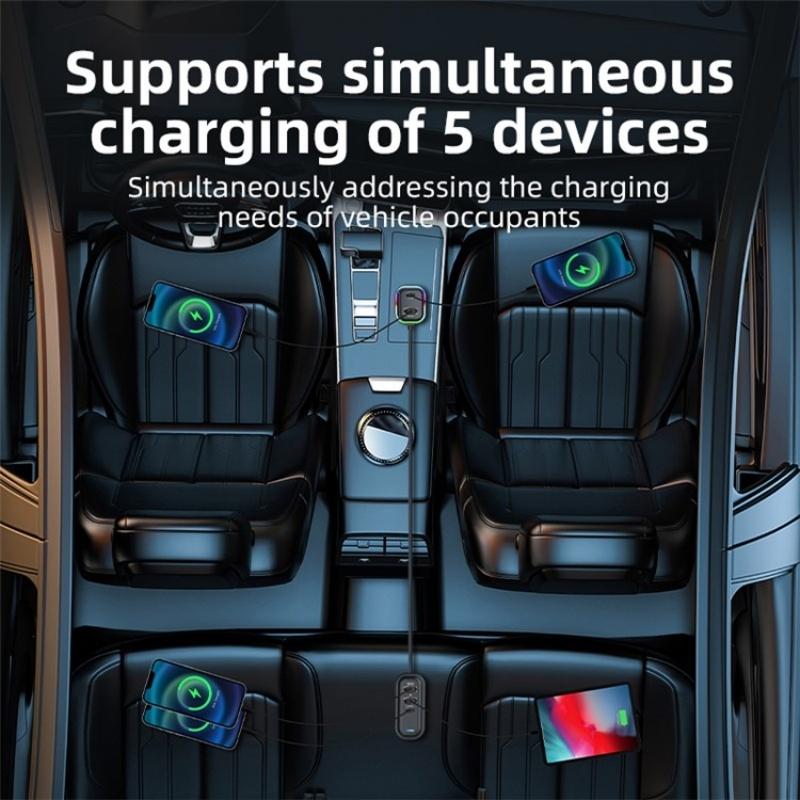 66W Fast Car Charger 5-Port USB C Charging Hub with Extension Cable for Multi-Device Travel