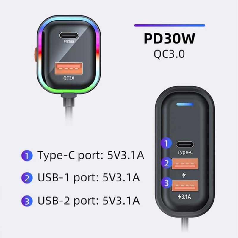 66W Fast Car Charger 5-Port USB C Charging Hub with Extension Cable for Multi-Device Travel