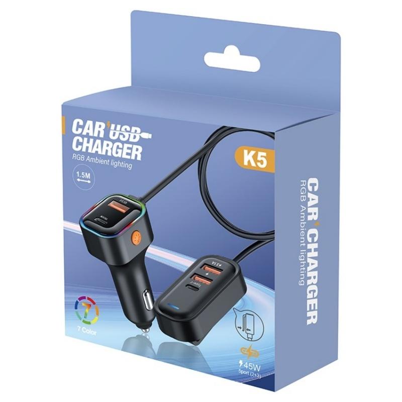 66W Fast Car Charger 5-Port USB C Charging Hub with Extension Cable for Multi-Device Travel