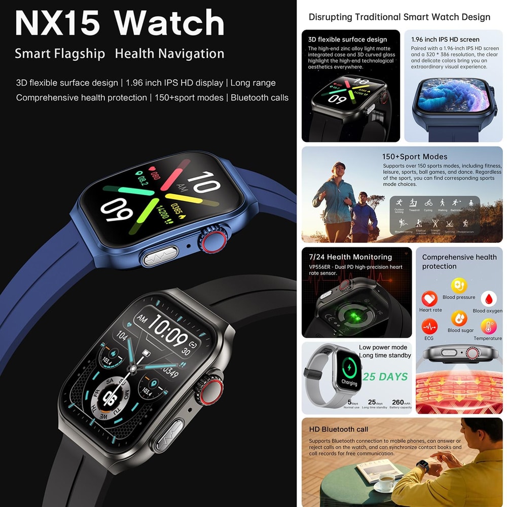 NX15 Smart Watch With Bluetooth Call 196 HD Display Health Tracker IP68 Waterproof Fitness Watch 5