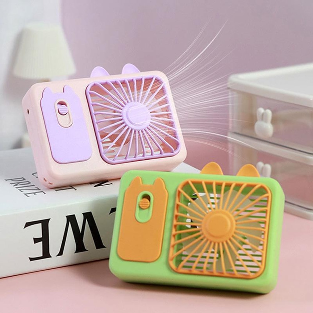 Cute Cartoon Kitten USB Rechargeable Portable Handheld & Desktop Fan, Pink Personal Cooling Device