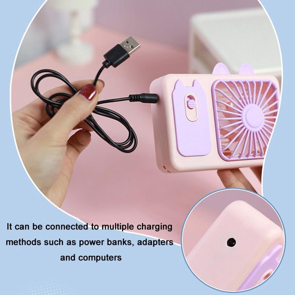 Cute Cartoon Kitten USB Rechargeable Portable Handheld & Desktop Fan, Pink Personal Cooling Device