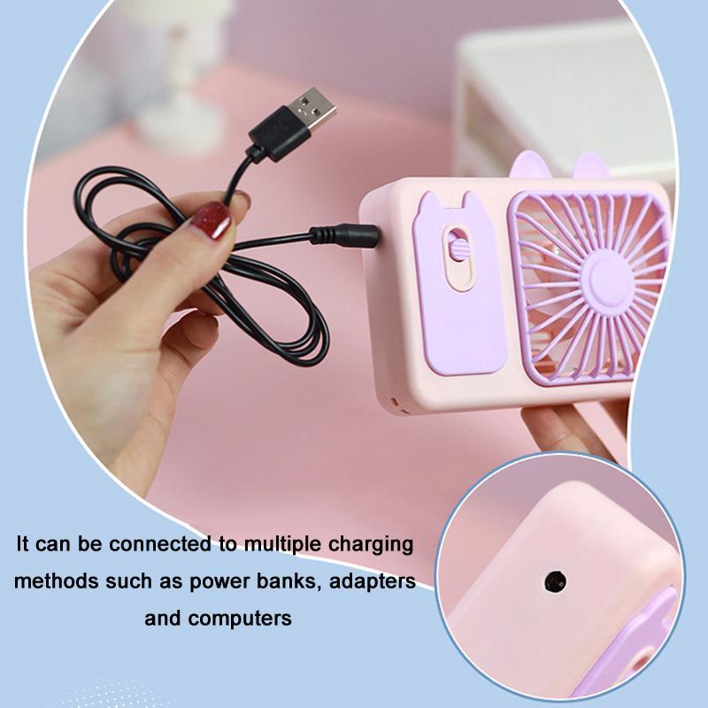 Cute Cartoon Kitten USB Rechargeable Portable Handheld & Desktop Fan, Pink Personal Cooling Device
