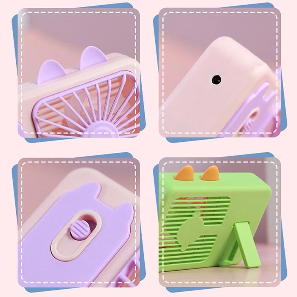 Cute Cartoon Kitten USB Rechargeable Portable Handheld & Desktop Fan, Pink Personal Cooling Device
